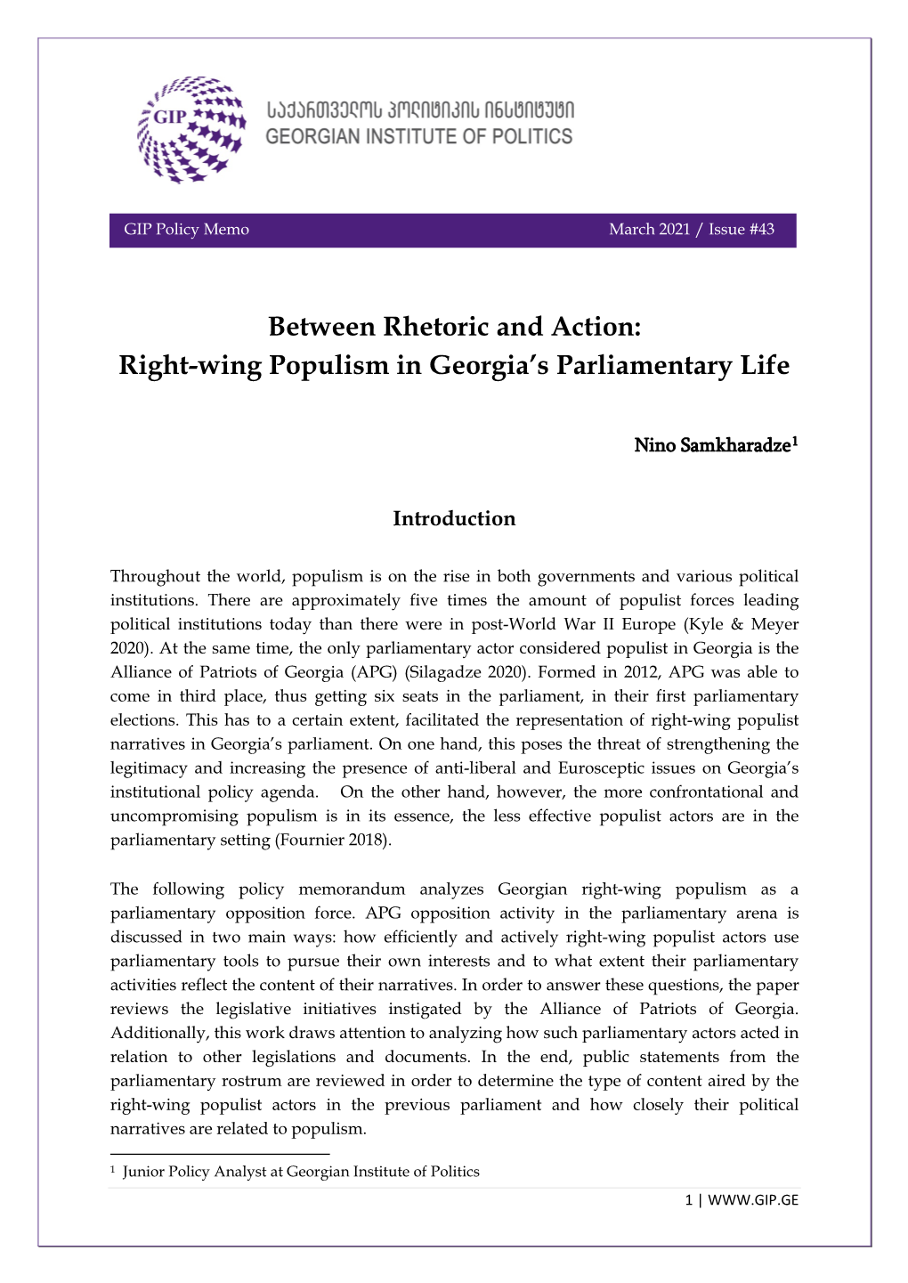 Right-Wing Populism in Georgia's Parliamentary Life