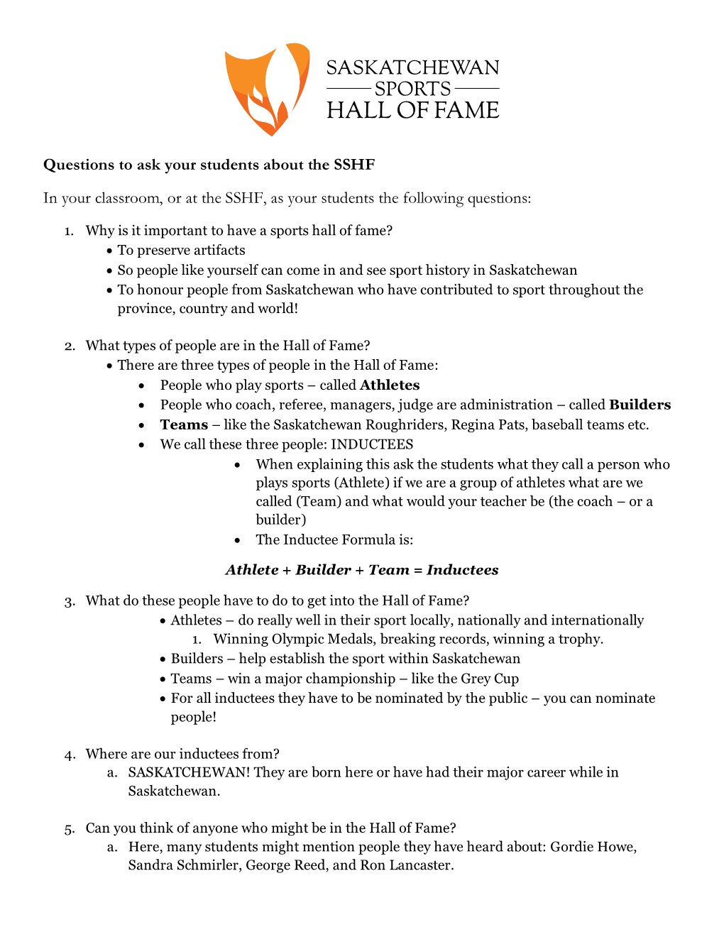 Questions to Ask Your Students About the SSHF in Your Classroom, Or at the SSHF, As Your Students the Following Questions