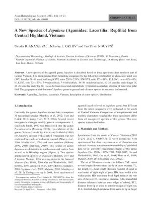 A New Species of Japalura (Agamidae: Lacertilia: Reptilia) from Central Highland, Vietnam