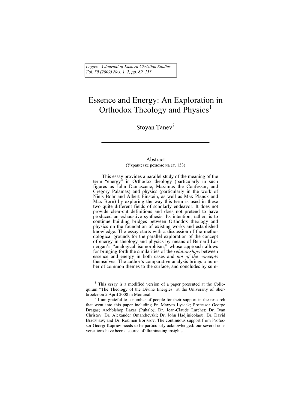 Essence and Energy: an Exploration in Orthodox Theology and Physics1