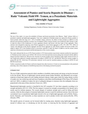 Assessment of Pumice and Scoria Deposits in Dhamar - Rada’ Volcanic Field SW- Yemen, As a Pozzolanic Materials and Lightweight Aggregates