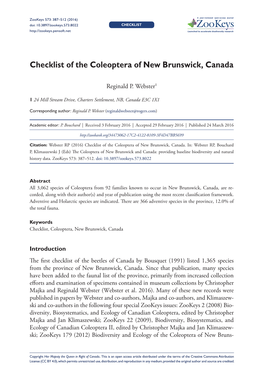 Checklist of the Coleoptera of New Brunswick, Canada