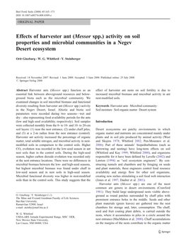 Effects of Harvester Ant (Messor Spp.) Activity on Soil Properties and Microbial Communities in a Negev Desert Ecosystem