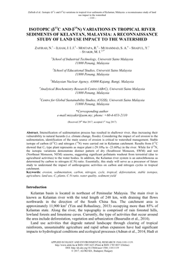 Isotopic (13C and 15N) Variations in Tropical River Sediments of Kelantan, Malaysia: a Reconnaissance Study of Land Use Impact to the Watershed - 1101