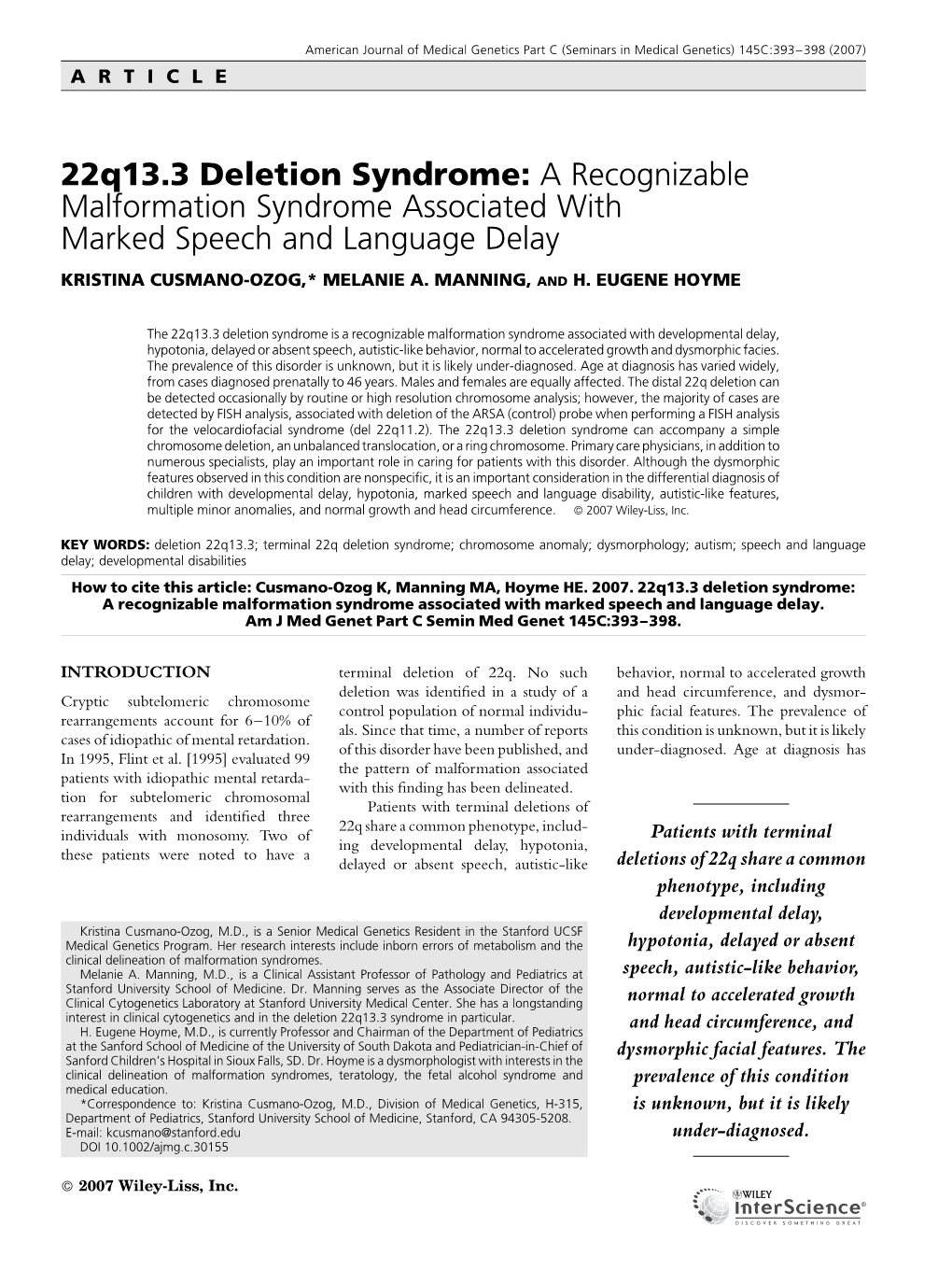 22Q13.3 Deletion Syndrome: a Recognizable Malformation Syndrome Associated with Marked Speech and Language Delay