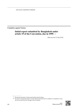 Initial Report Submitted by Bangladesh Under Article 19 of the Convention, Due in 1999*, **