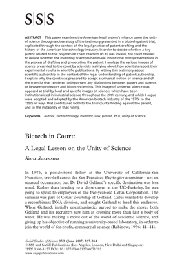 Biotech in Court: a Legal Lesson on the Unity of Science Kara Swanson
