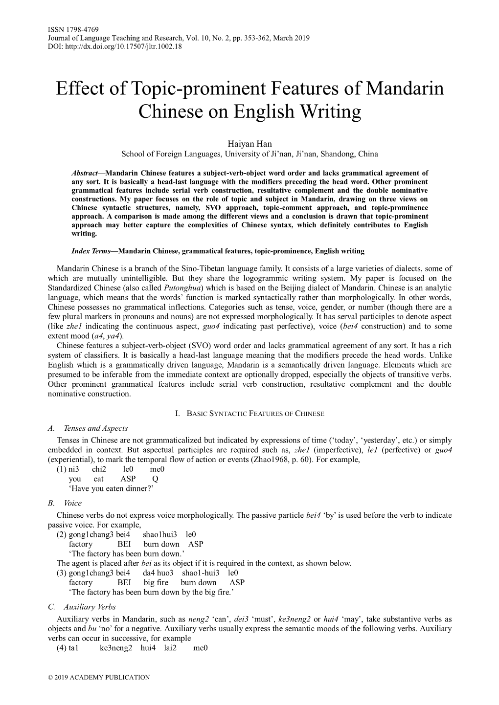 Effect of Topic-Prominent Features of Mandarin Chinese on English Writing