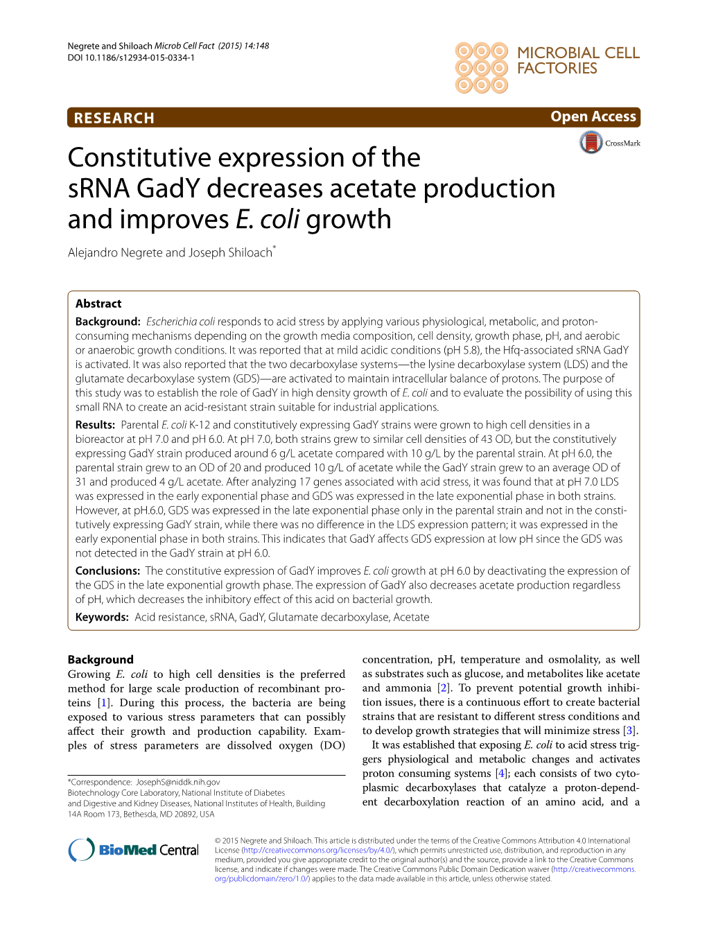 Constitutive Expression of the Srna Gady Decreases Acetate Production and Improves E