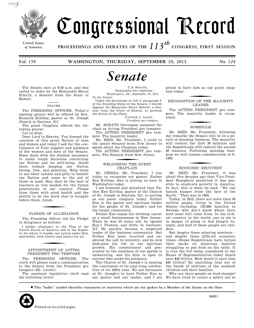 Congressional Record United States Th of America PROCEEDINGS and DEBATES of the 113 CONGRESS, FIRST SESSION