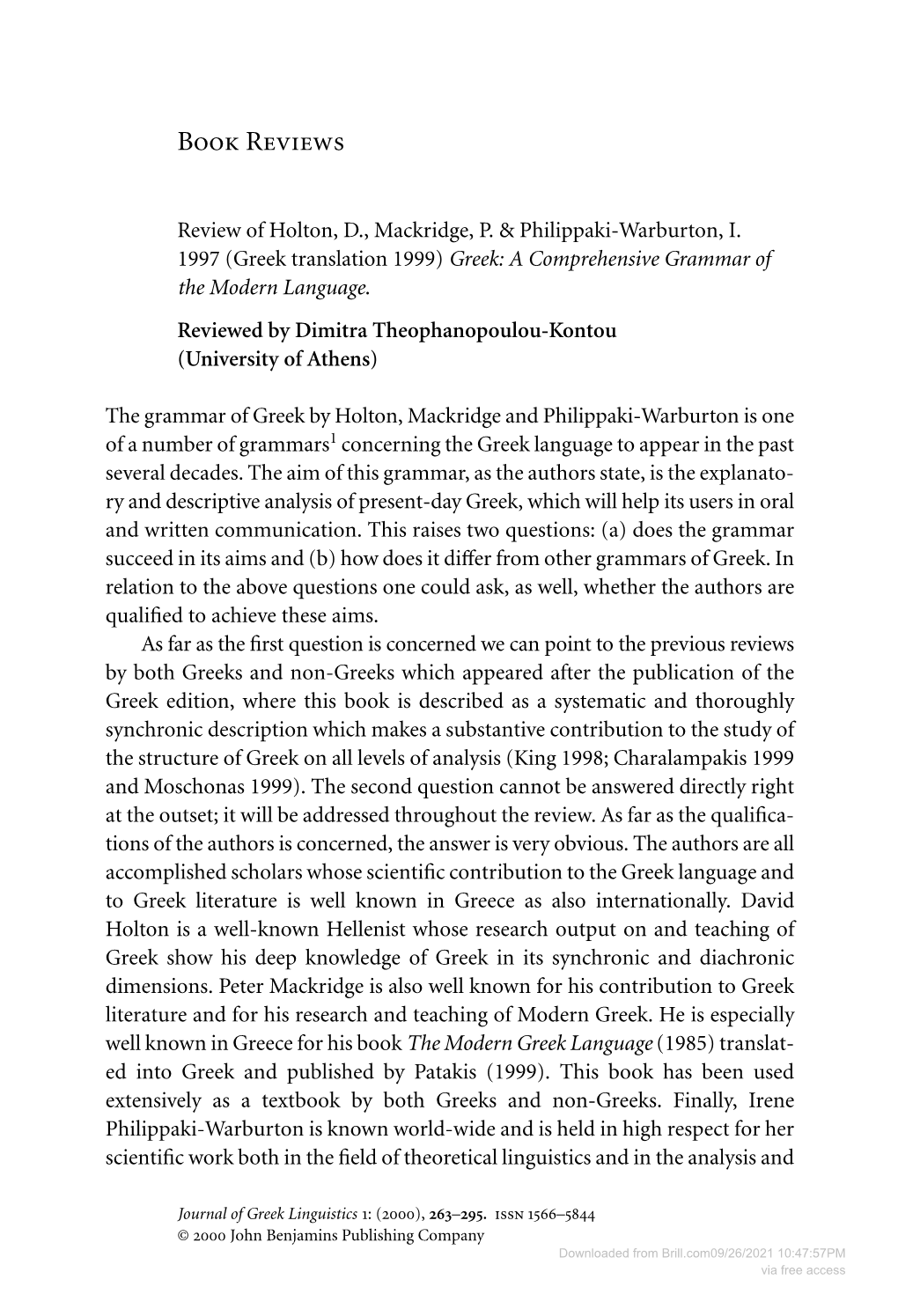 Review of "Greek: a Comprehensive Grammar of the Modern Language" by Holton, D., Mackridge, P. & Philippaki-Warbur