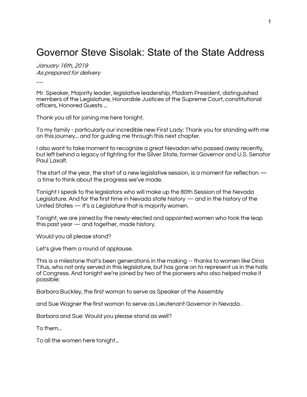 Governor Steve Sisolak: State of the State Address (2019)