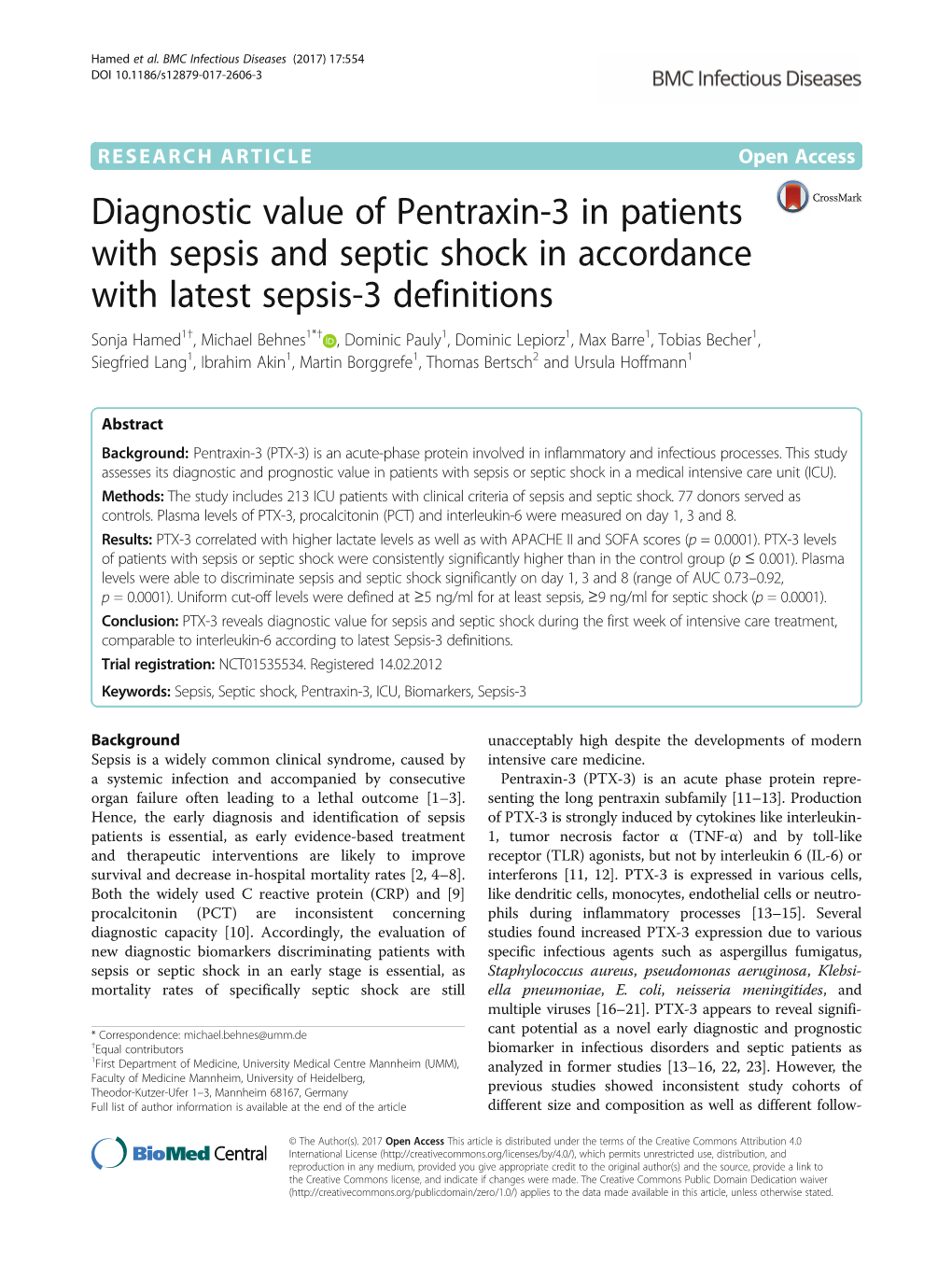 Diagnostic Value of Pentraxin-3 in Patients with Sepsis and Septic Shock in Accordance with Latest Sepsis-3 Definitions