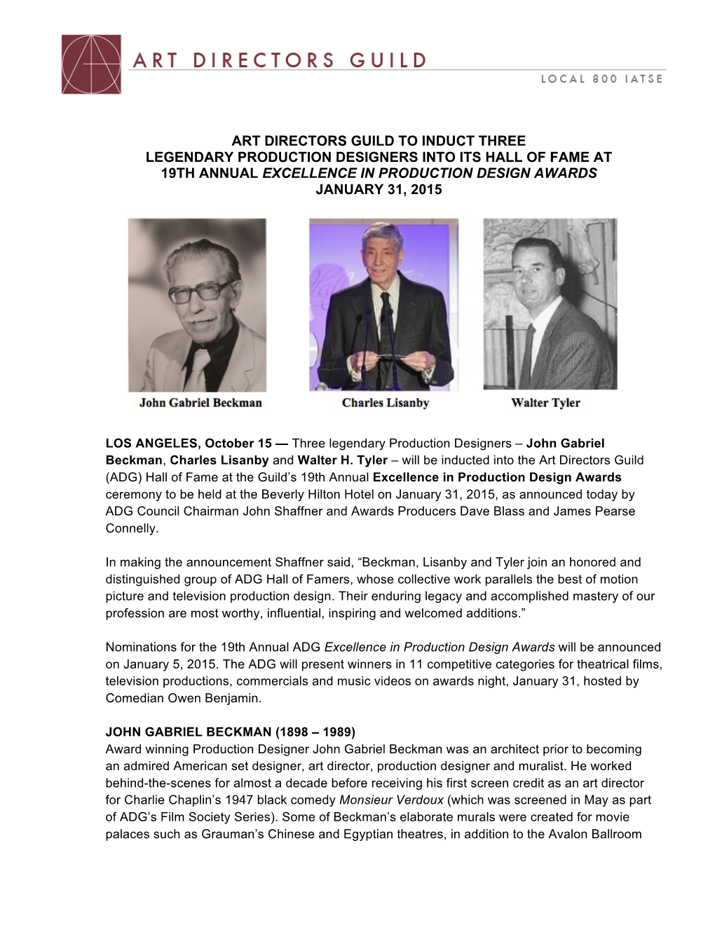 Art Directors Guild to Induct Three Legendary Production Designers Into Its Hall of Fame at 19Th Annual Excellence in Production Design Awards January 31, 2015