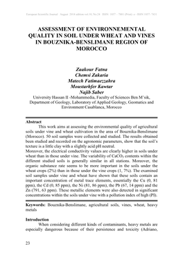 Assessment of Environnemental Quality in Soil Under Wheat and Vines in Bouznika-Benslimane Region of Morocco