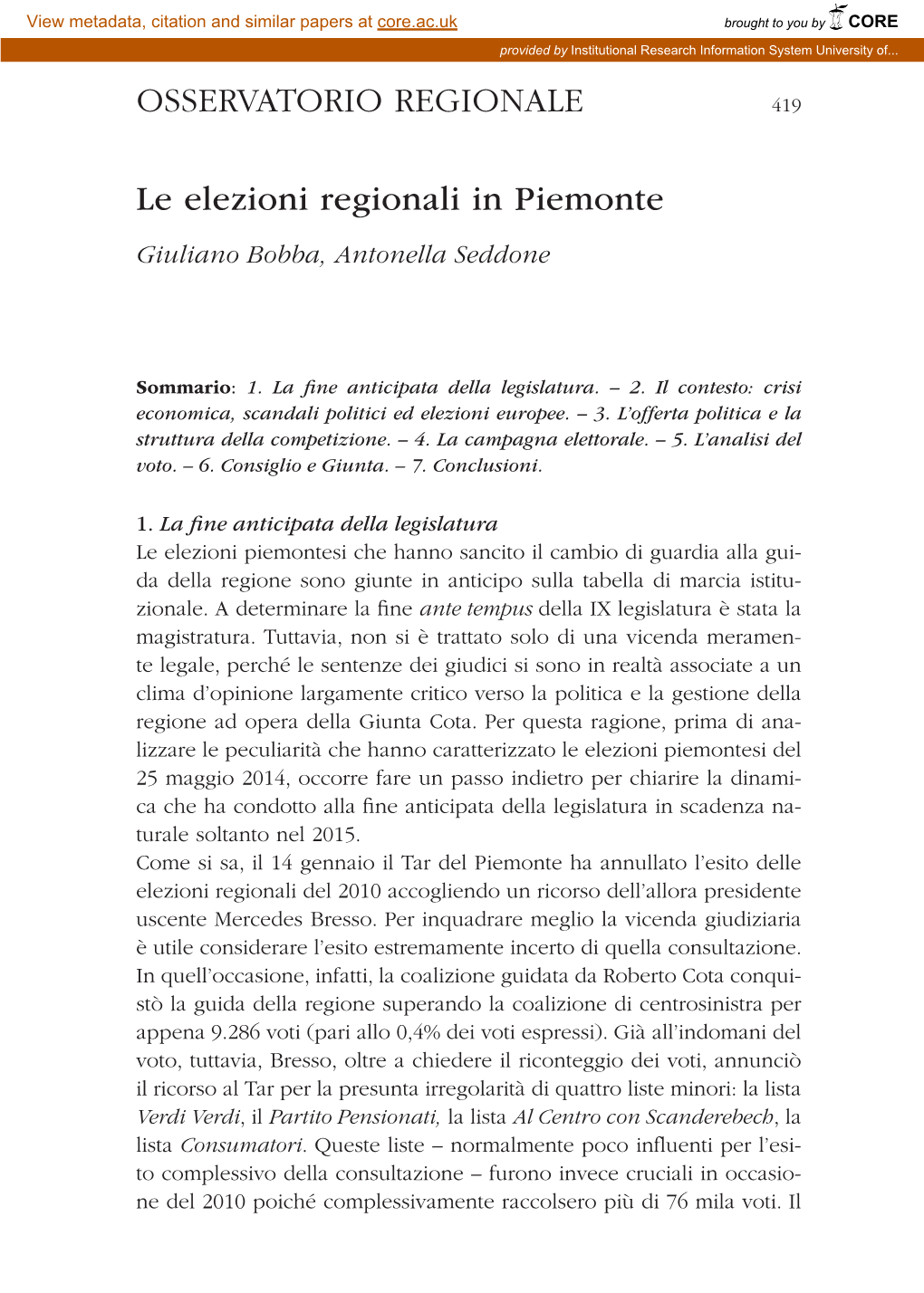 OSSERVATORIO REGIONALE Le Elezioni Regionali in Piemonte