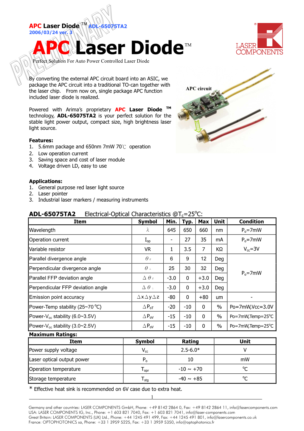 APC Laser Diode TM ADL-65075TA2 2006/03/24 Ver