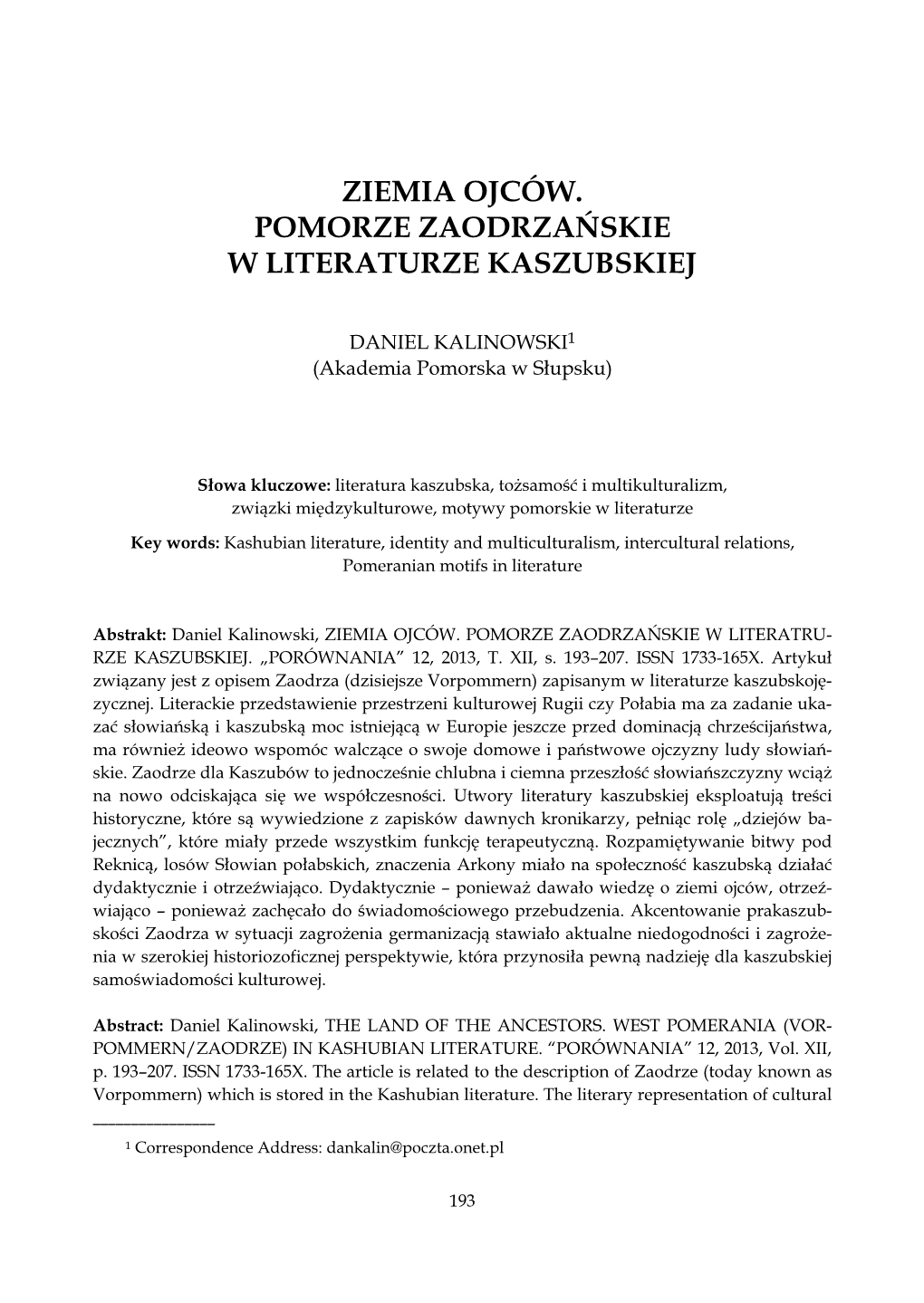 Ziemia Ojców. Pomorze Zaodrzańskie W Literaturze Kaszubskiej