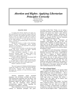 Abortion and Rights: Applying Libertarian Principles Correctly by Doris Gordon Libertarians for Life Copyright 1995