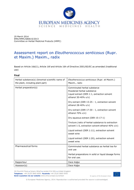 Assessment Report on Eleutherococcus Senticosus (Rupr