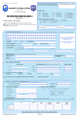 Urs Application Form for Grade 11