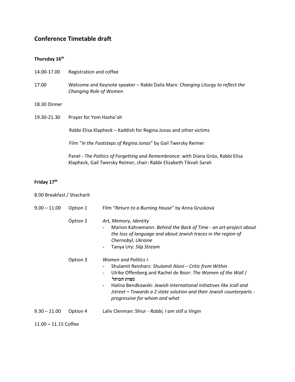Conference Timetable Draft
