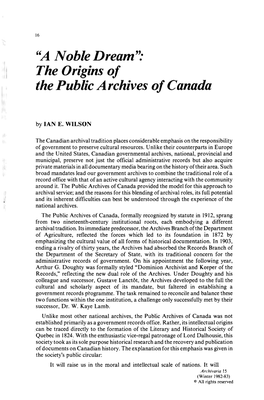 "A Noble Dream '? the Origins of the Public Archives of Canada