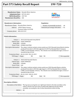 Part 573 Safety Recall Report 19V-720