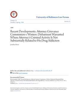 Attorney Grievance Commission V. Winters: Disbarment Warranted Where Attorney's Criminal Activity Is Not Substantially Related to His Drug Addiction Jonathan Beiser