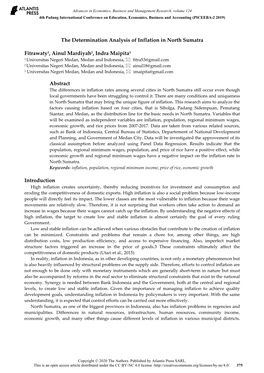 The Determination Analysis of Inflation in North Sumatra Fitrawaty1, Ainul Mardiyah2, Indra Maipita3 Abstract Introduction