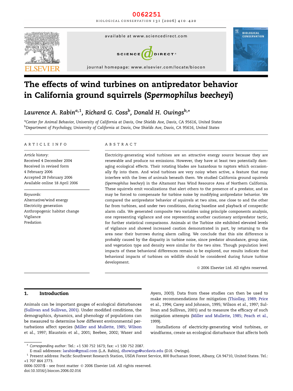 The Effects of Wind Turbines on Antipredator Behavior in California Ground Squirrels (Spermophilus Beecheyi)