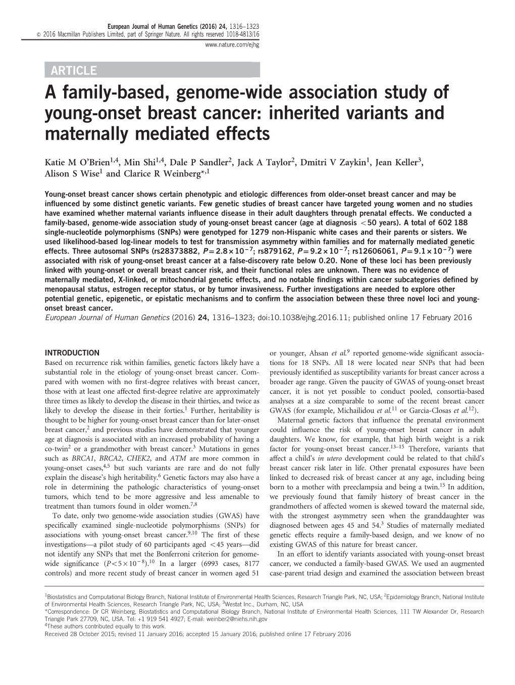 A Family-Based, Genome-Wide Association Study of Young-Onset Breast Cancer: Inherited Variants and Maternally Mediated Effects