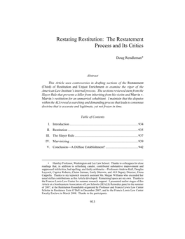 Restating Restitution: the Restatement Process and Its Critics