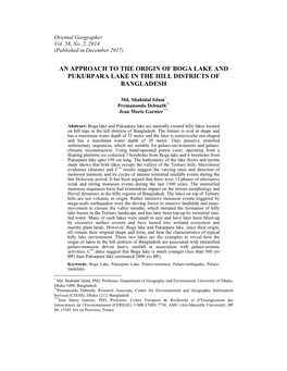 An Approach to the Origin of Boga Lake and Pukurpara Lake in the Hill Districts of Bangladesh