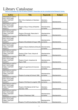 Library Catalogue Here Is a Complete List of All of Library Contents