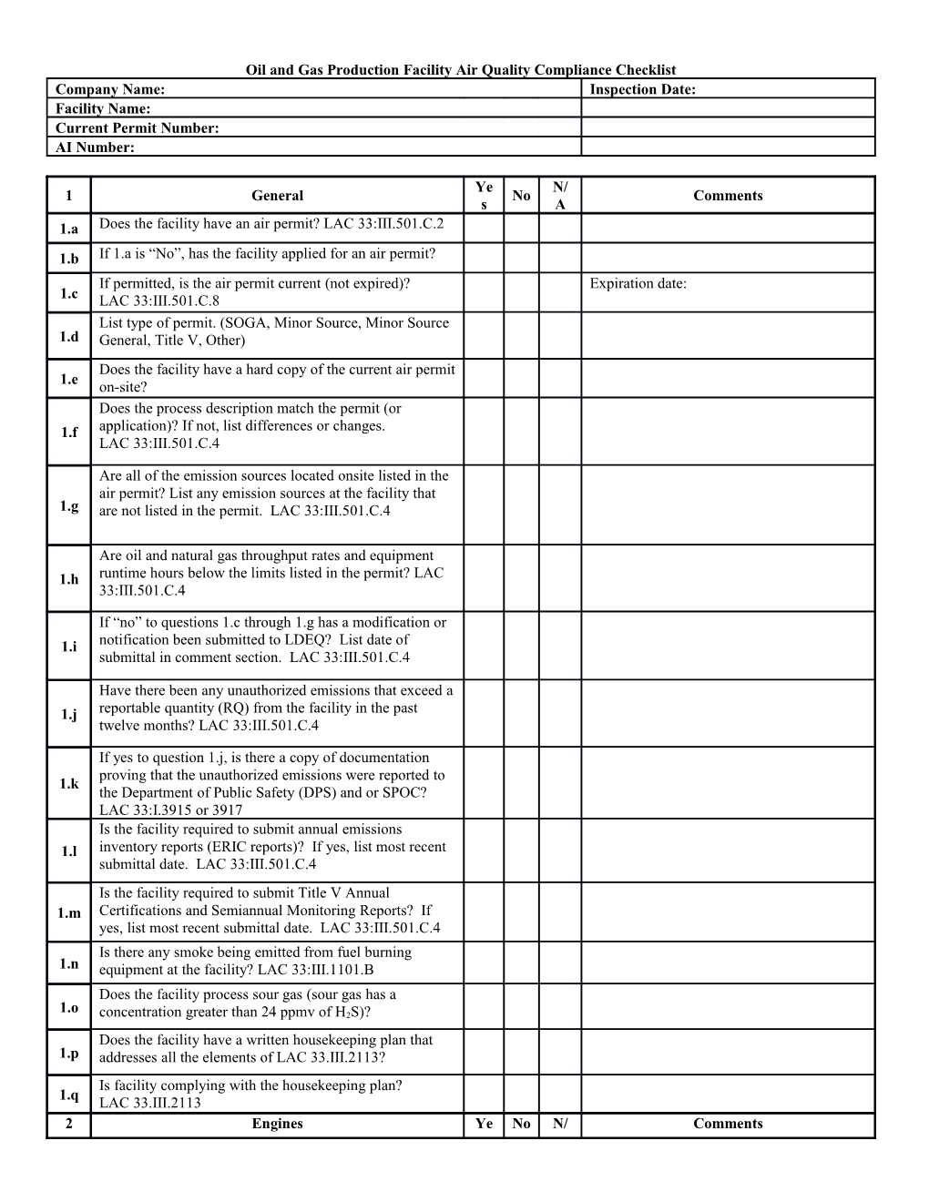 AI Number: Air Quality Compliance Checklist Inspection Date