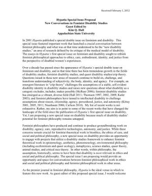 Hypatia Special Issue Proposal New Conversations in Feminist Disability Studies Guest Edited by Kim Q