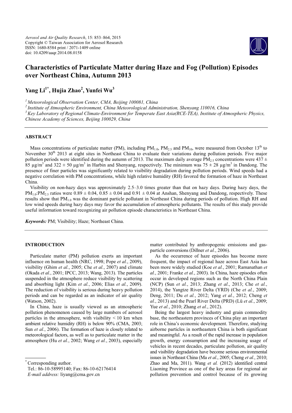 Pollution) Episodes Over Northeast China, Autumn 2013