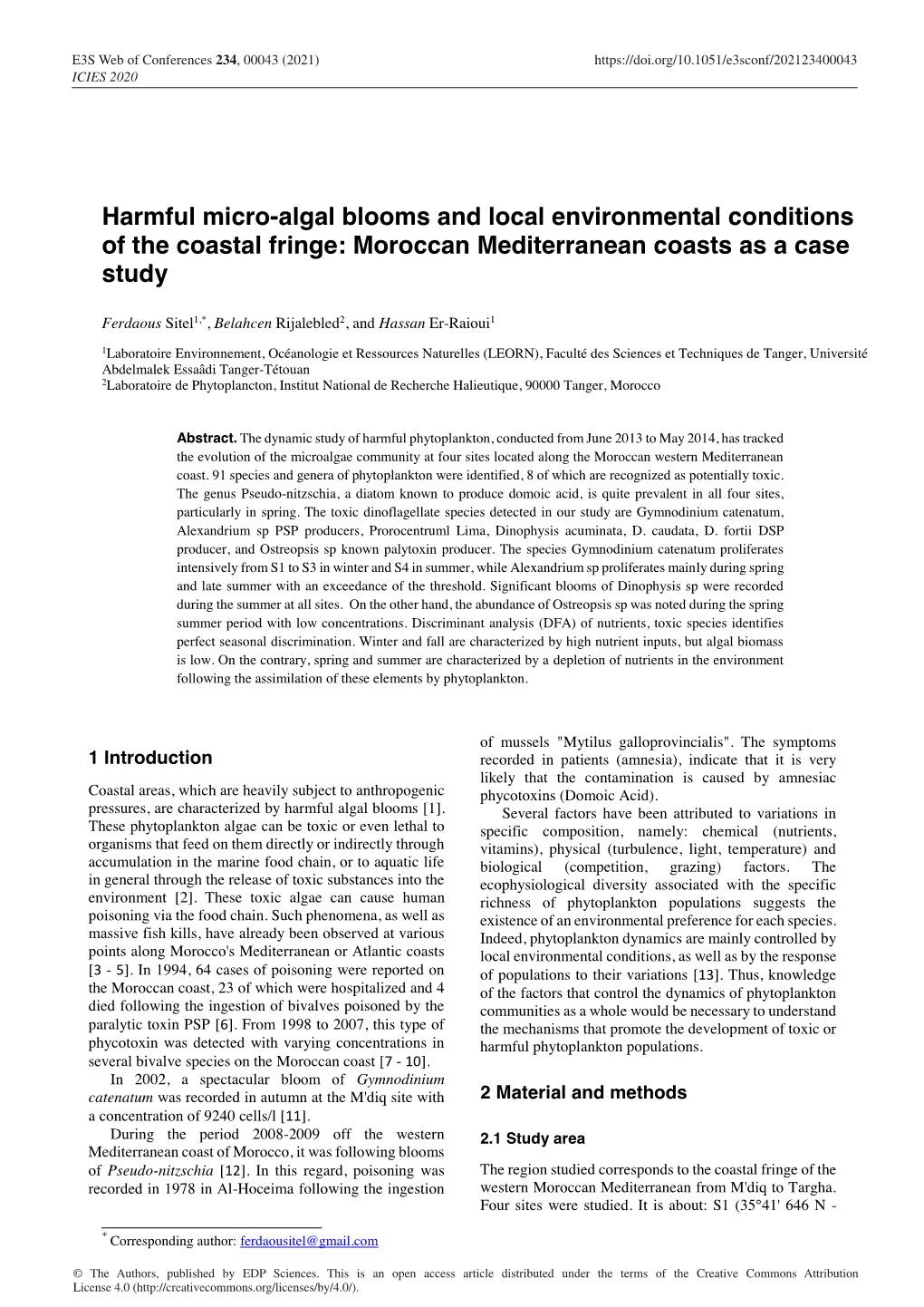 Harmful Micro-Algal Blooms and Local Environmental Conditions of the Coastal Fringe: Moroccan Mediterranean Coasts As a Case Study