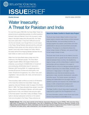 Water Insecurity: a Threat for Pakistan and India