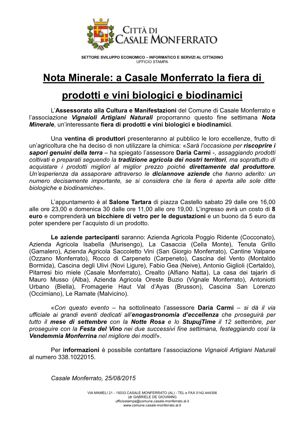 Nota Minerale: a Casale Monferrato La Fiera Di Prodotti E Vini Biologici E Biodinamici