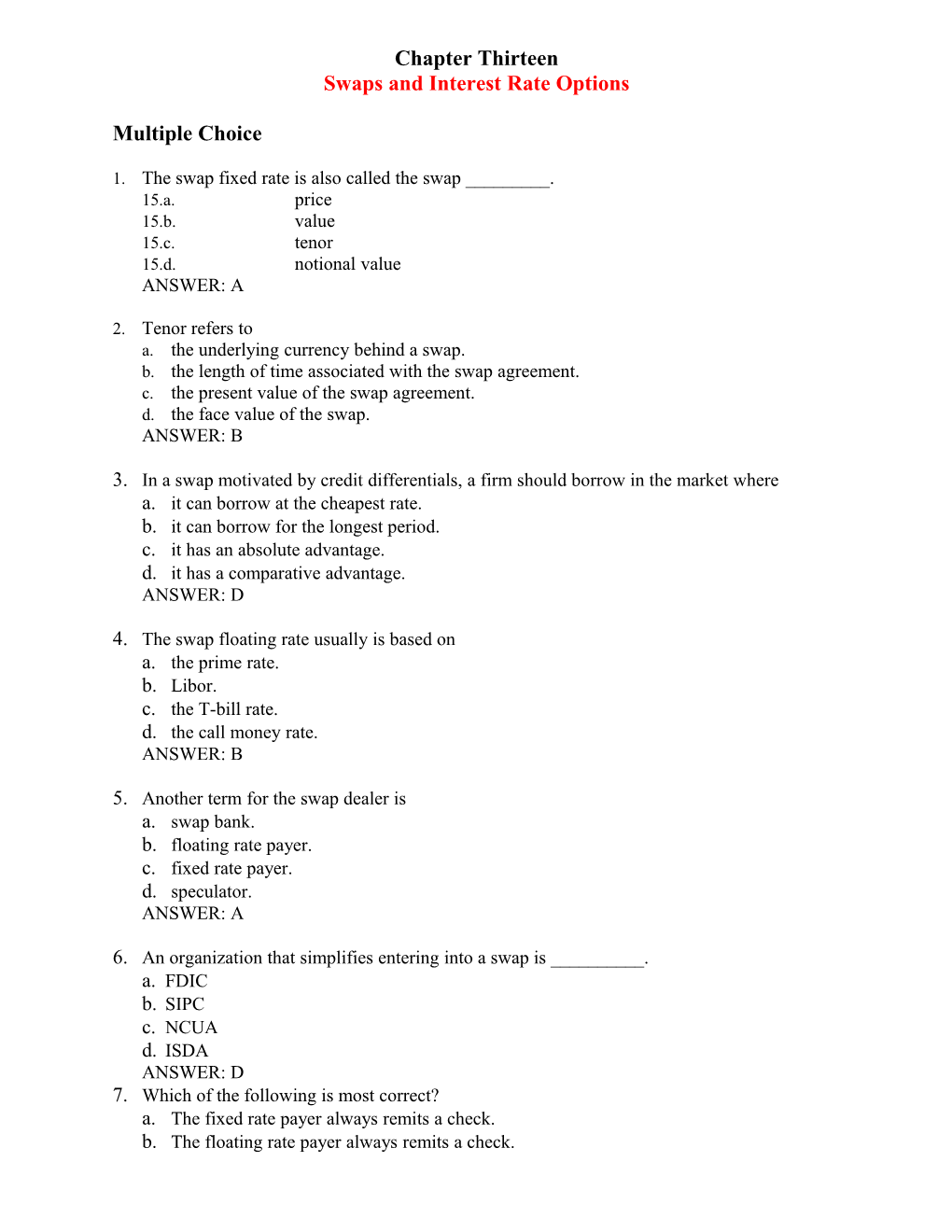 Swaps and Interest Rate Options