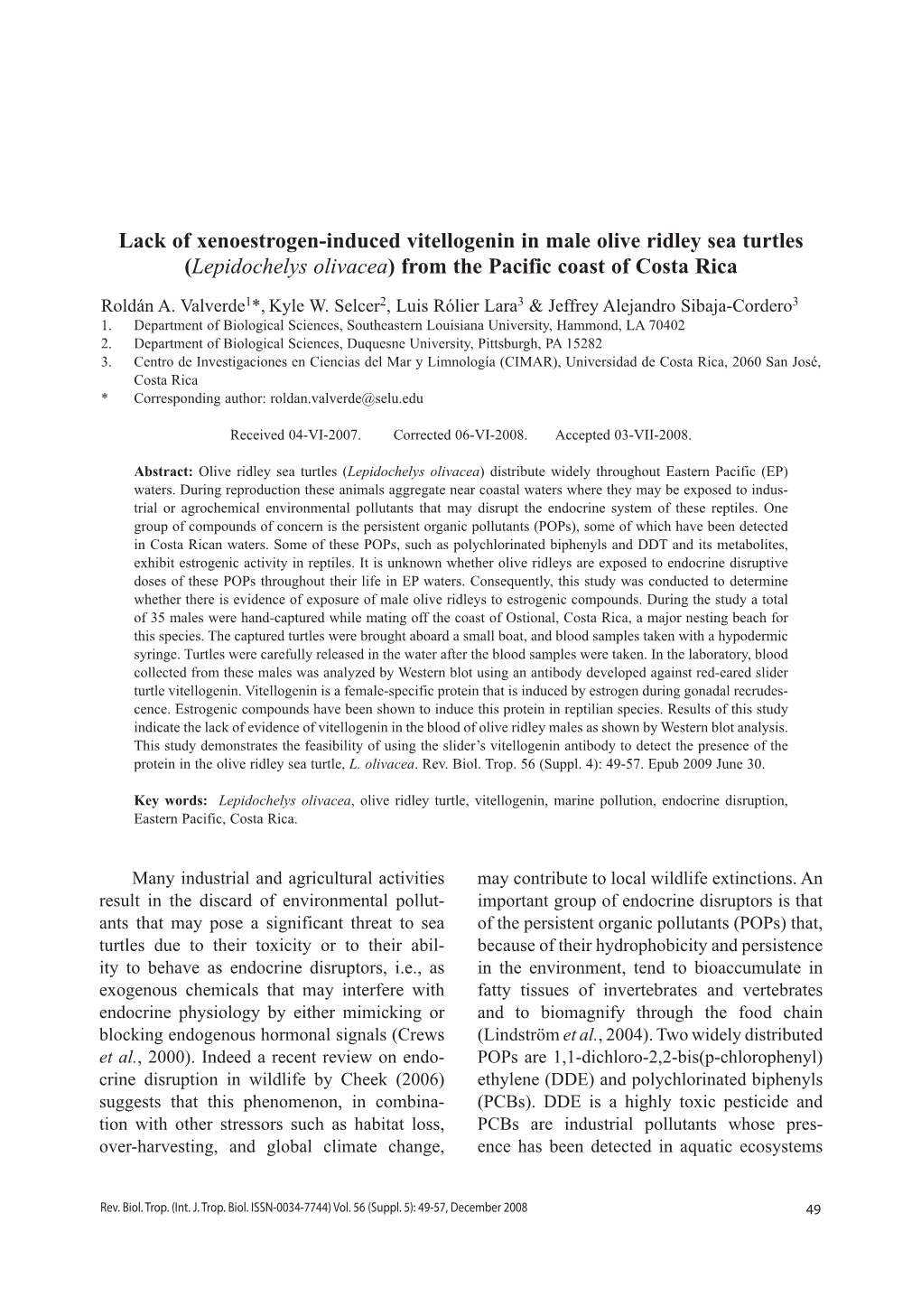 Lack of Xenoestrogen-Induced Vitellogenin in Male Olive Ridley Sea Turtles (Lepidochelys Olivacea) from the Pacific Coast of Costa Rica