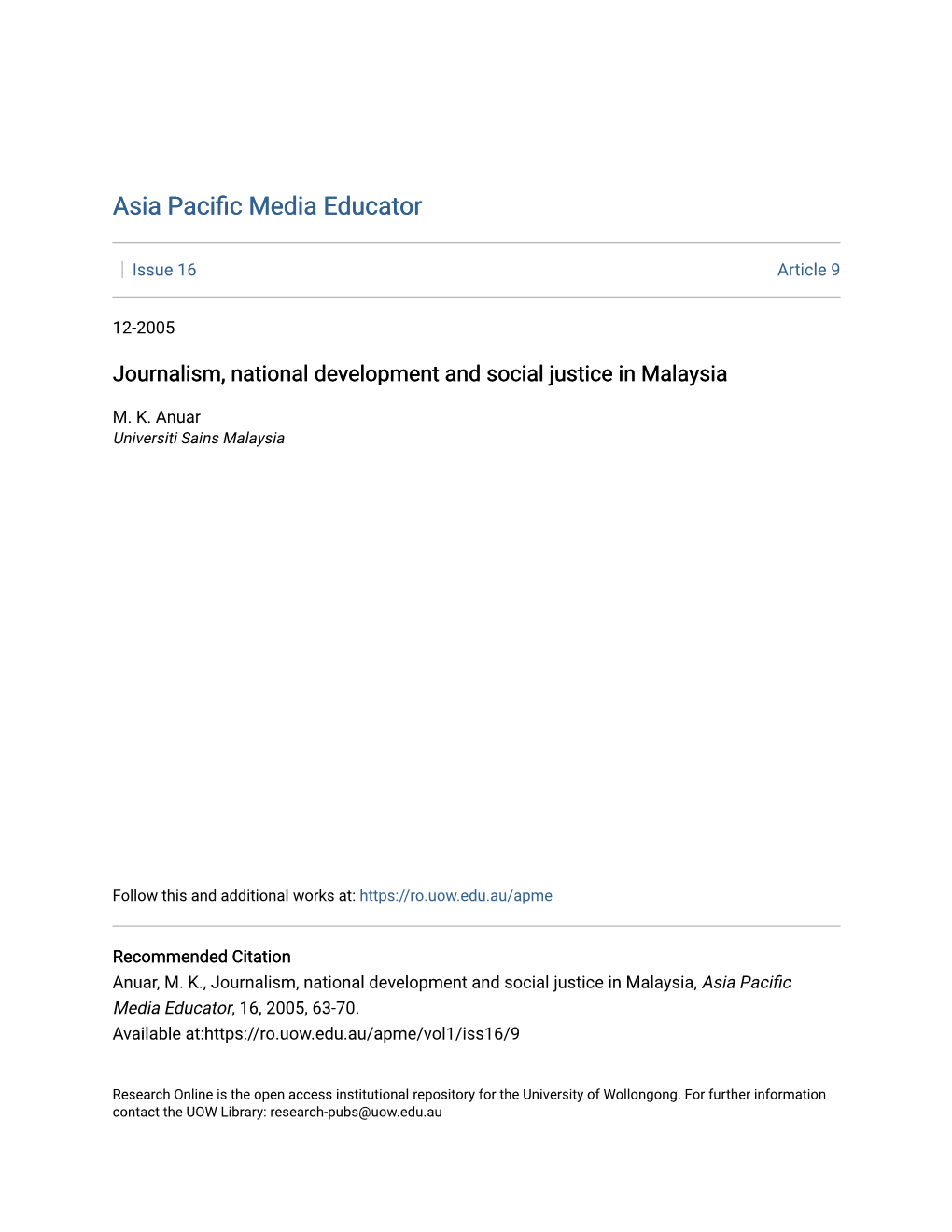 Journalism, National Development and Social Justice in Malaysia