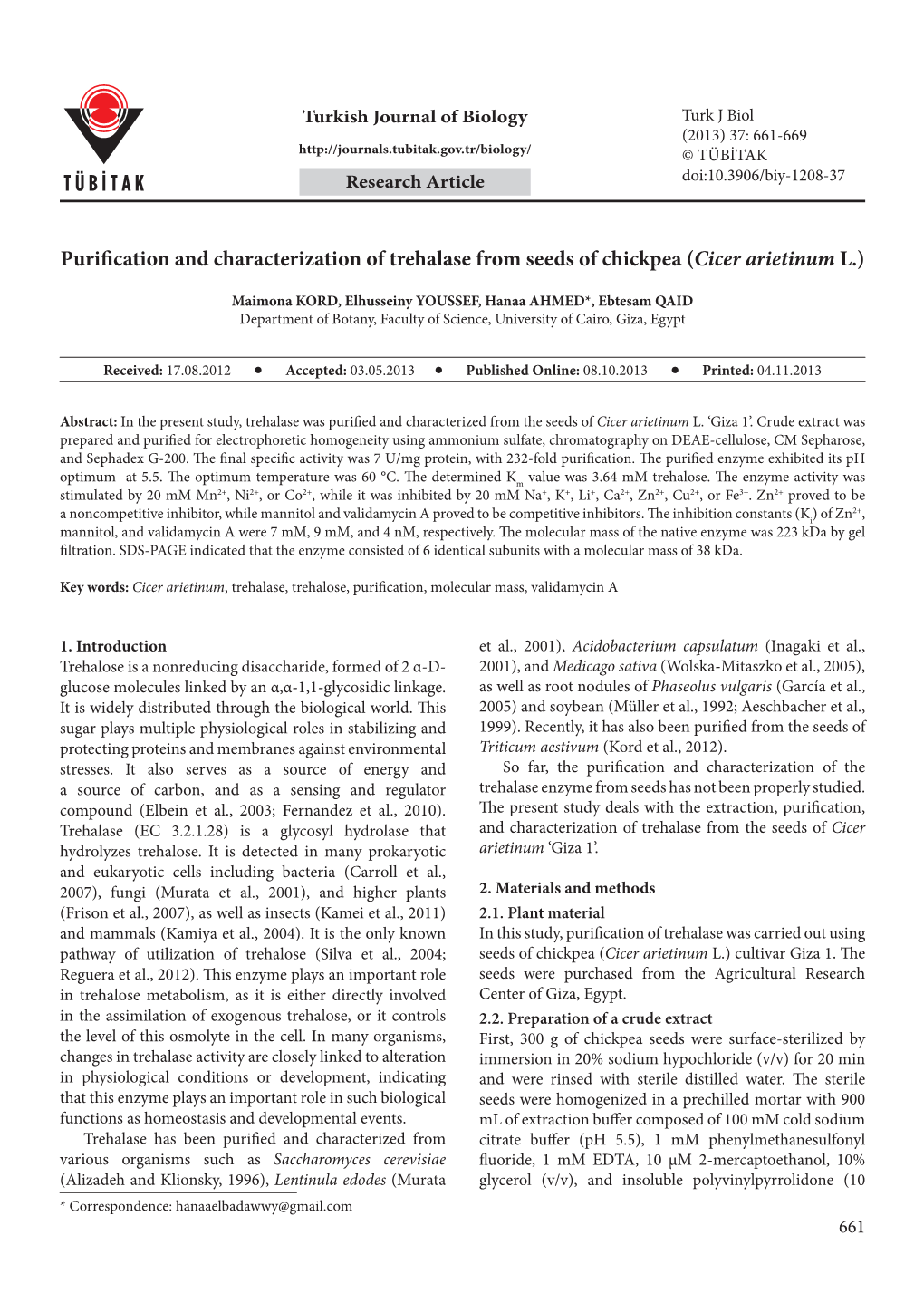 Purification and Characterization of Trehalase from Seeds of Chickpea (Cicer Arietinum L.)