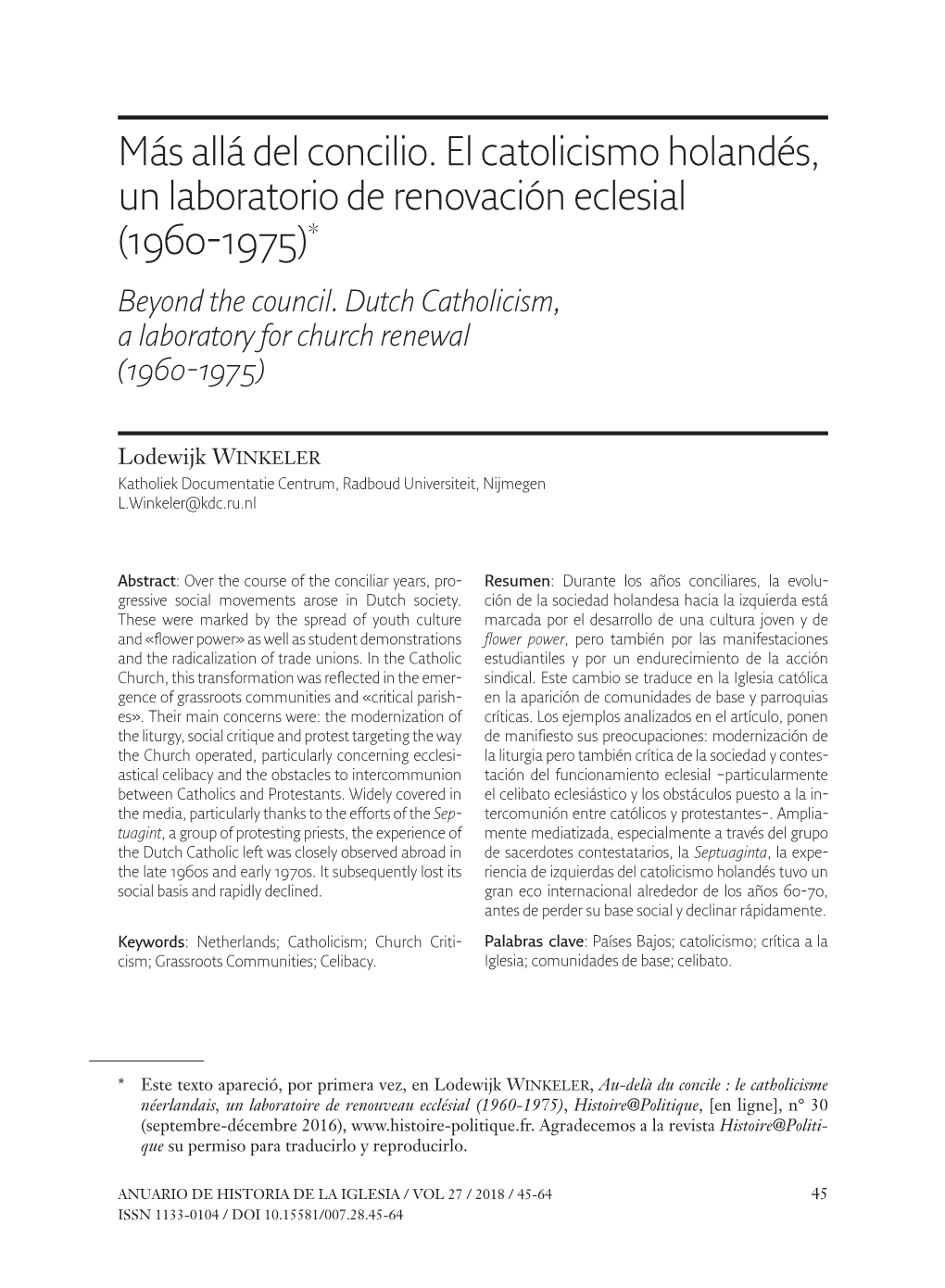 Más Allá Del Concilio. El Catolicismo Holandés, Un Laboratorio De Renovación Eclesial (1960-1975)* Beyond the Council