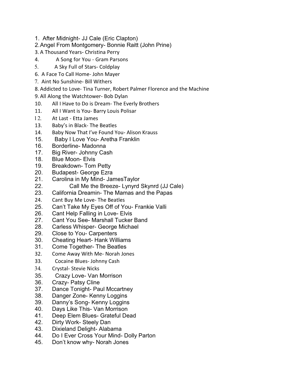 1. After Midnight- JJ Cale (Eric Clapton) 2. Angel from Montgomery- Bonnie Raitt (John Prine) 3