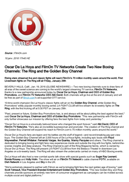 Oscar De La Hoya and Filmon TV Networks Create Two New Boxing Channels: the Ring and the Golden Boy Channel
