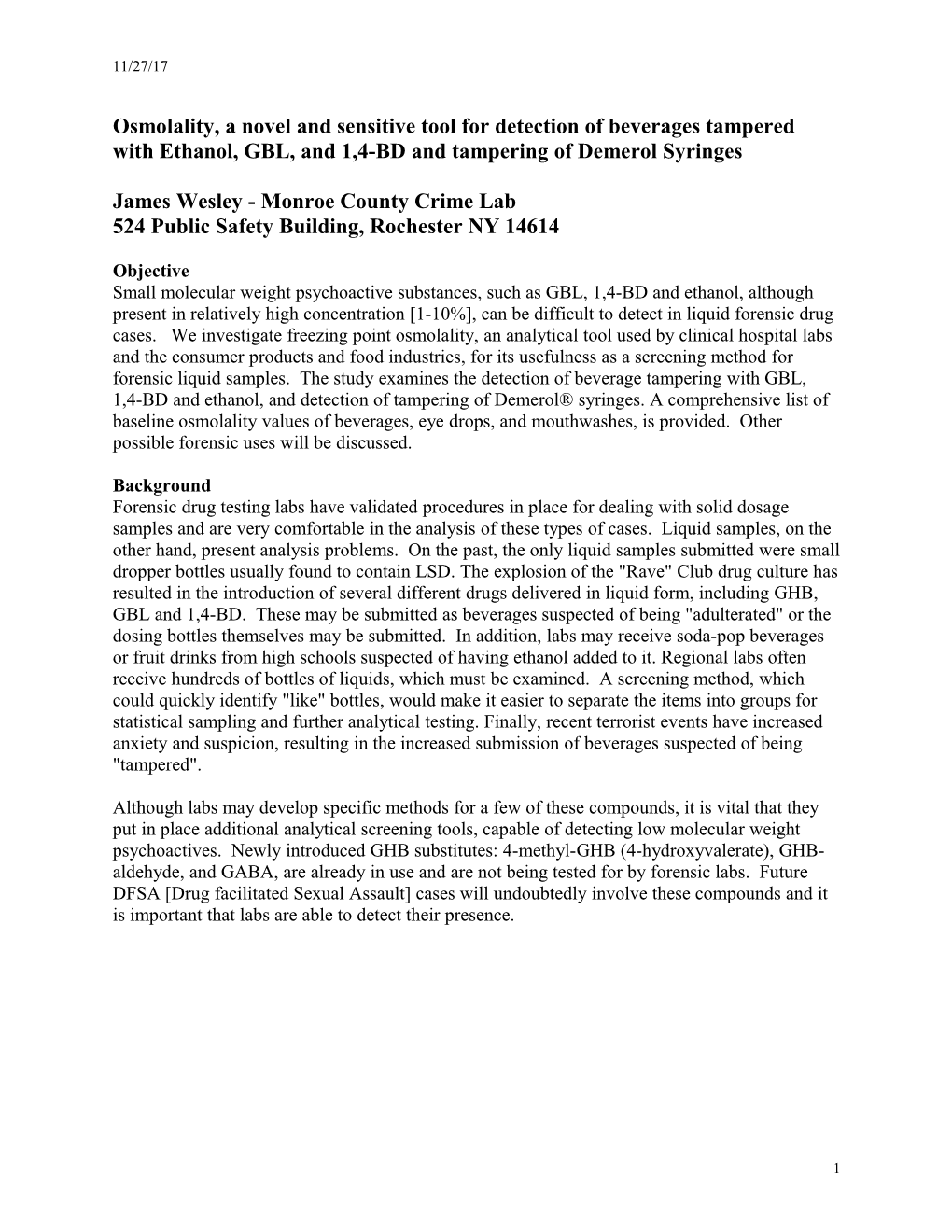 Osmolality, A Novel And Sensitive Tool For Detection Of Tampered Beverages