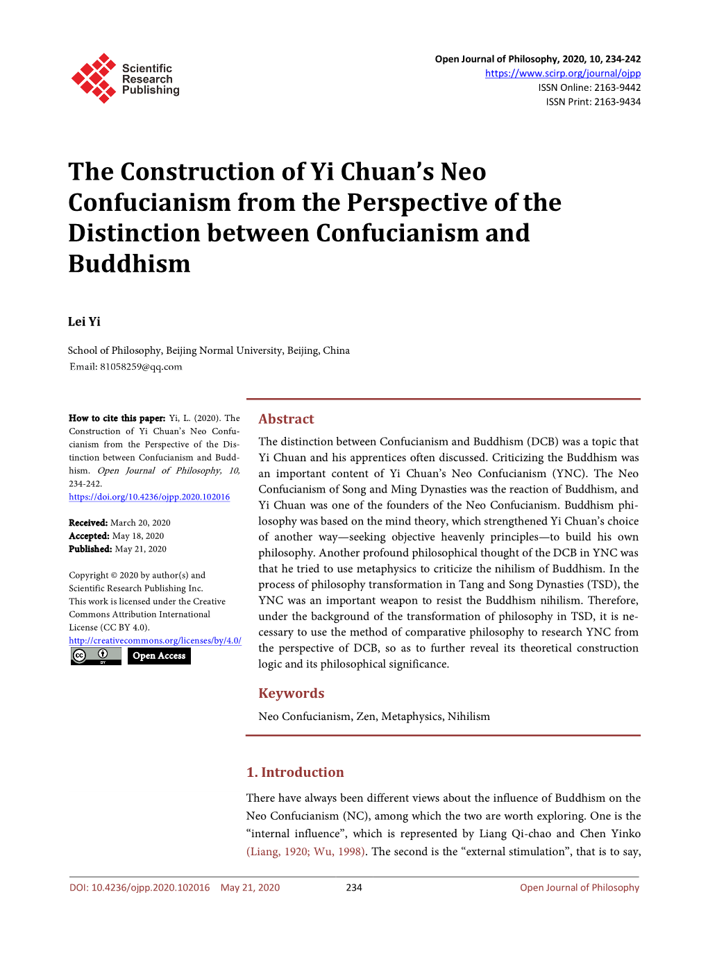 The Construction of Yi Chuan's Neo Confucianism from the Perspective